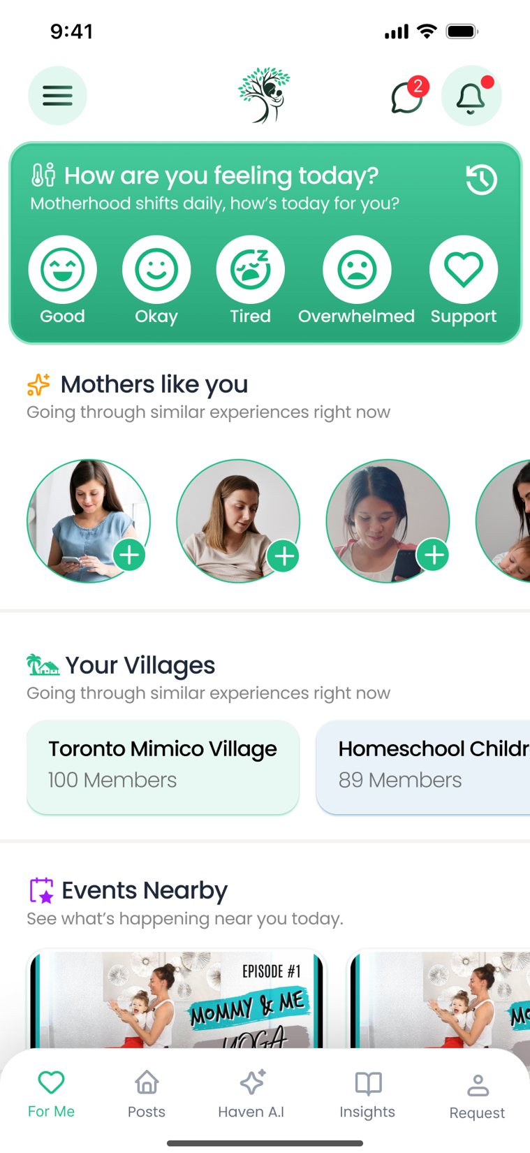The Haven app home screen showing a mood check-in, parents nearby, your villages and events nearby.
