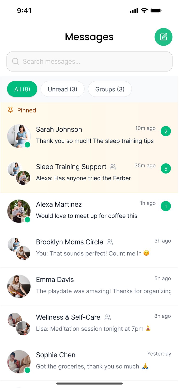 Messages in the Haven app showing conversations with village members.